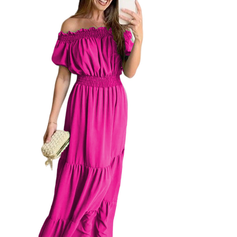 Damen Off-Shoulder Maxikleid mit elastischem Bund und Rüschendetails R&B
