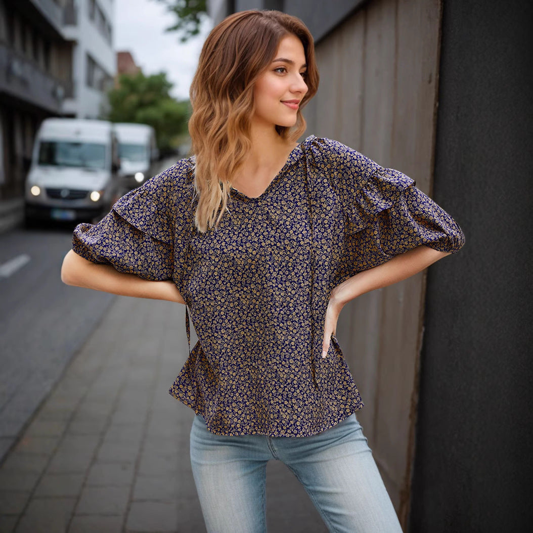 Damen Bluse mit Rüschen und floralem Muster R&B