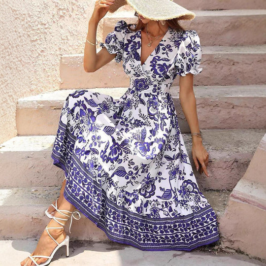 Damen nan tailliertes Boho-Maxikleid mit Wickeloptik V-Ausschnitt Puffärmeln und Bordüren-Stufenrock R&B