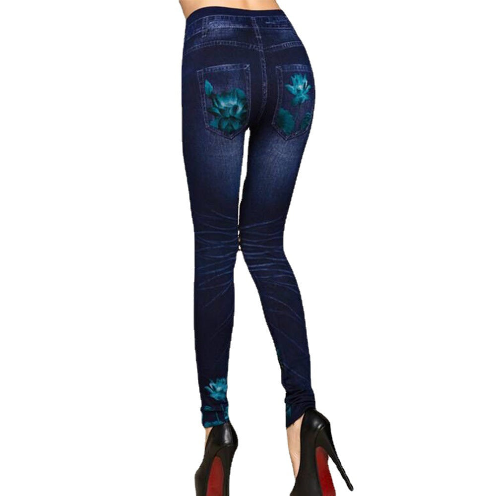 Damen Leggings im floralen Denim-Look mit-hohem Bund und figurformendem Schnitt R&B