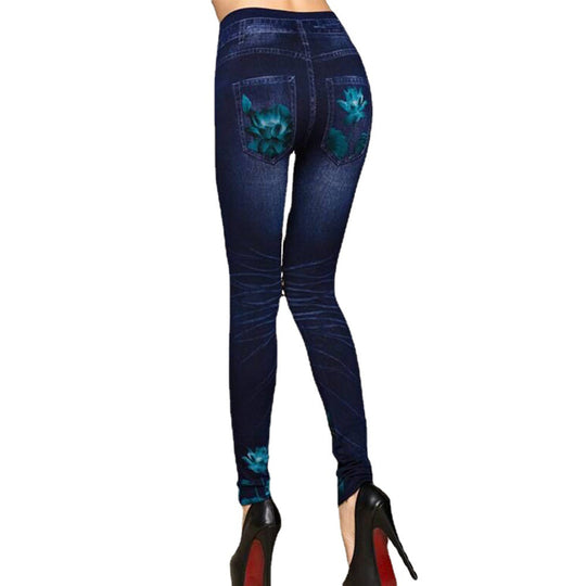 Damen Leggings im floralen Denim-Look mit-hohem Bund und figurformendem Schnitt R&B