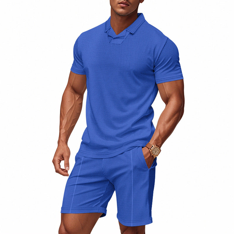 Herren nan lässiges Waffelstruktur-Freizeitset mit Reverskragen-Kurzarmshirt und elastischen Freizeitshorts R&B