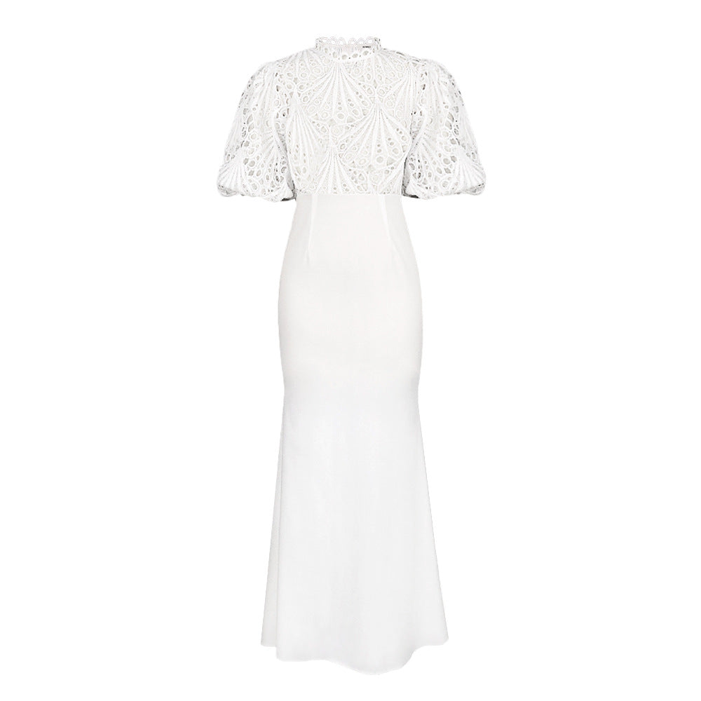 Damen Elegantes Maxikleid mit Spitzenoberteil und voluminösen Ärmeln R&B