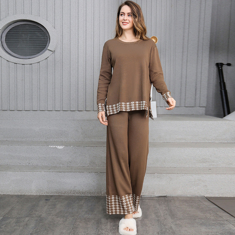 Damen stilvolles Strick-Loungewear-Set mit dekorativen Kontrastabschlüssen R&B
