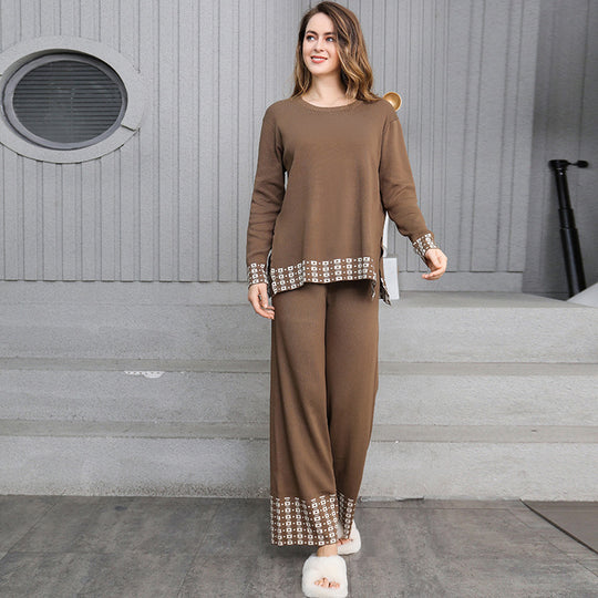 Damen stilvolles Strick-Loungewear-Set mit dekorativen Kontrastabschlüssen R&B