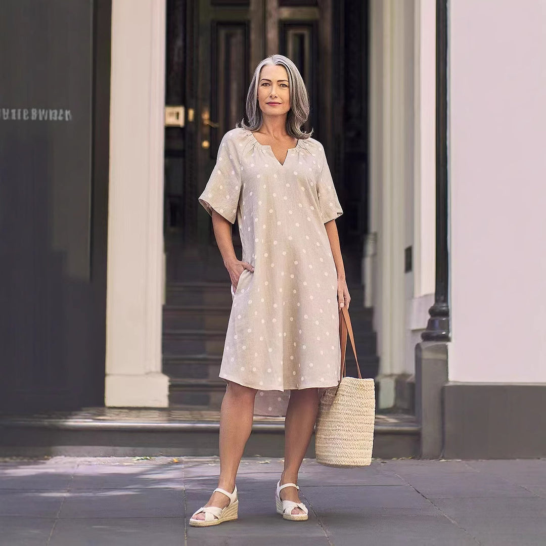 Damen nan lockeres A-Linien Leinenoptik-Kleid mit V-Ausschnitt, geraffter Schulterpartie und Eingrifftaschen R&B
