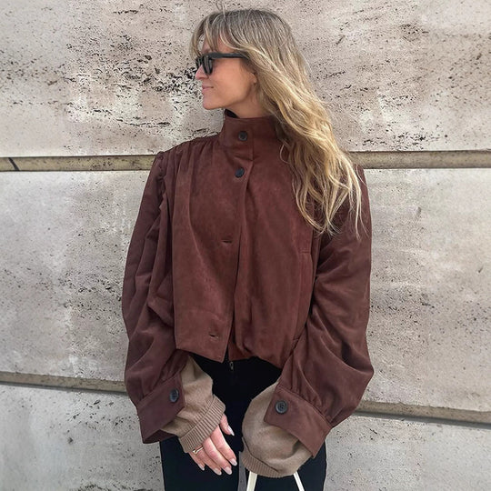 Damen Oversized Wildlederjacke mit voluminösen Ärmeln R&B