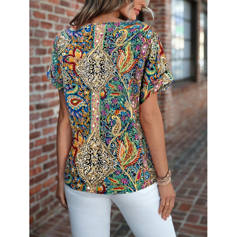 Damen Kurzarm Bluse mit buntem Druck und V-Ausschnitt R&B