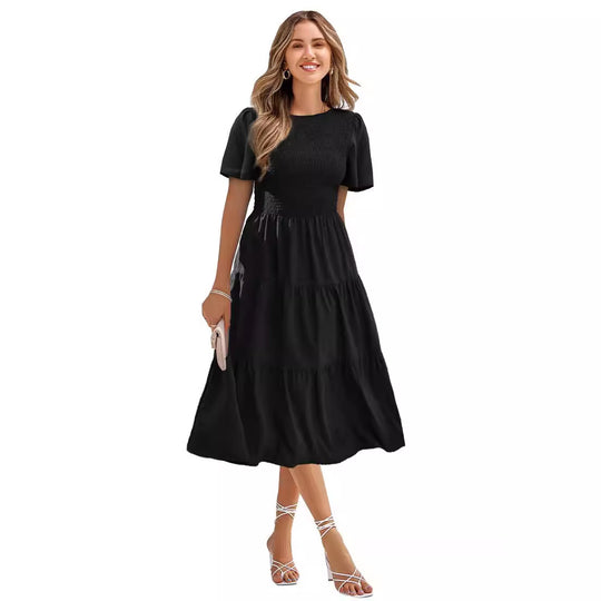 Damen Langes Wickelkleid mit elastischem Taillenbund und kurzen Ärmeln R&B
