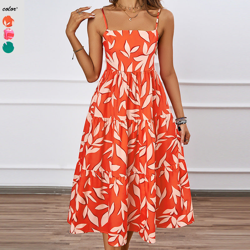 Damen Midi Kleid mit fließendem Rock und verspieltem Blattmuster R&B