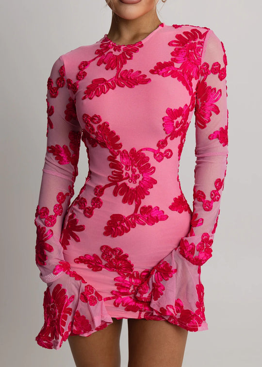 Damen Figurnahes Spitzenkleid mit floralen Applikationen und langen Ärmeln R&B