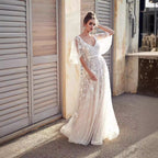 Damen Elegantes Maxikleid mit floralem Spitzenmuster und sanften Ärmeln R&B