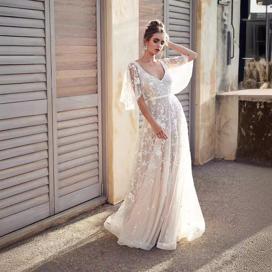 Damen Elegantes Maxikleid mit floralem Spitzenmuster und sanften Ärmeln R&B