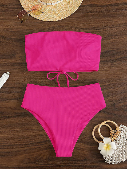 Damen Bandeau-Bikini mit hohem Bund und Rippdesign R&B