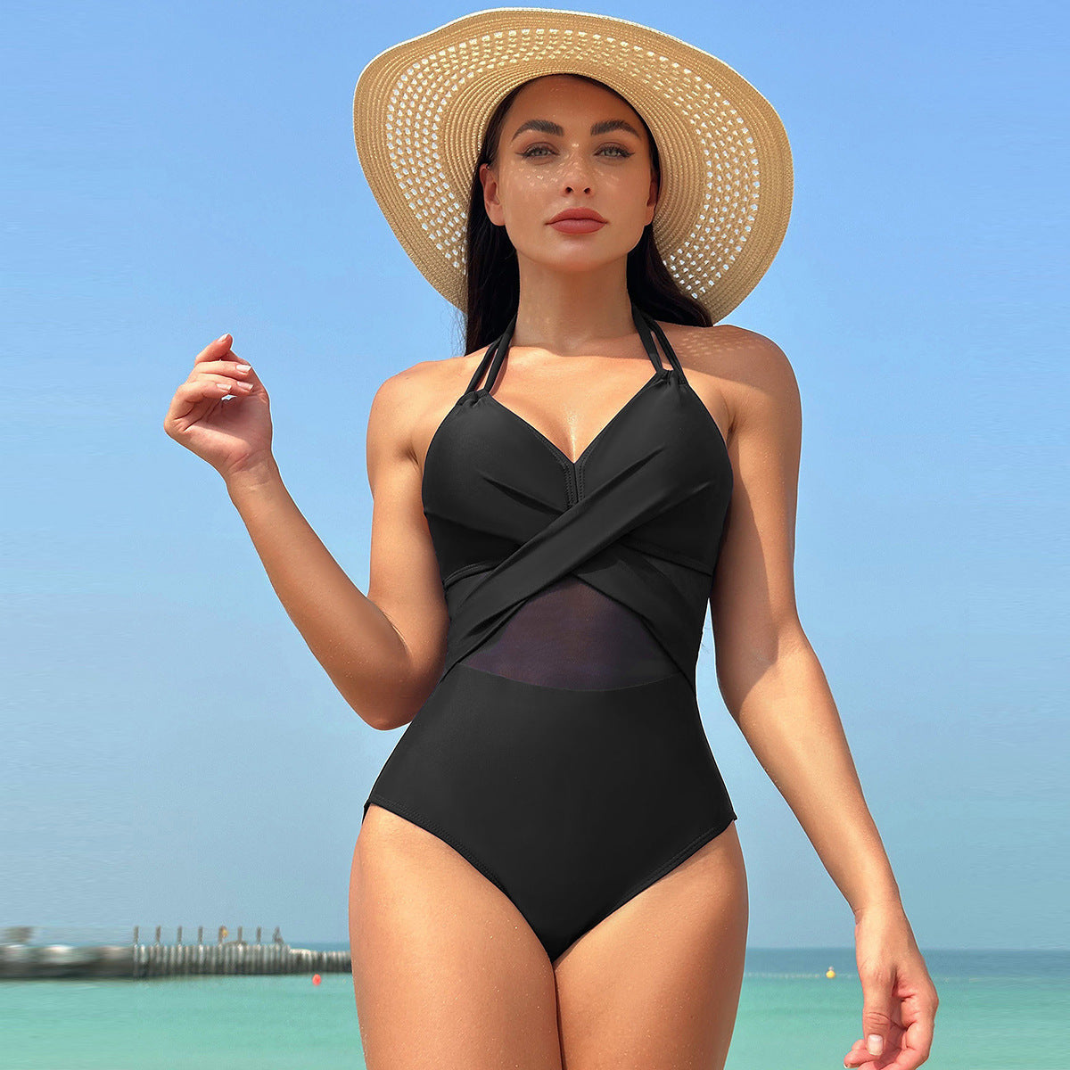 Damen Einteiliger Badeanzug mit stylishen Mesh-Elementen R&B