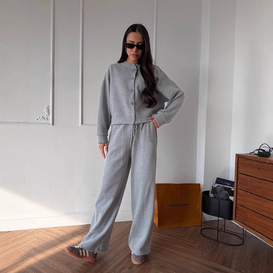 Damen Komfortables Lounge-Set mit Knopfdetails und elastischen Bündchen R&B