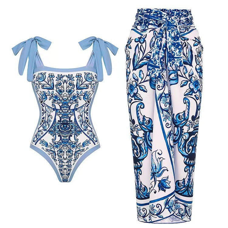 Damen Badeanzug mit floralem Druck und passendem Wickelrock R&B