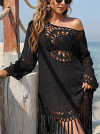 Damen, eleganter Strandüberwurf mit gehäkeltem Muster und Quasten R&B