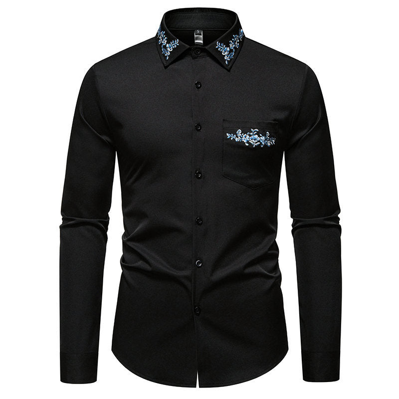 Herren Langarmhemd mit eleganter Blumenstickerei und modernem Kragen R&B
