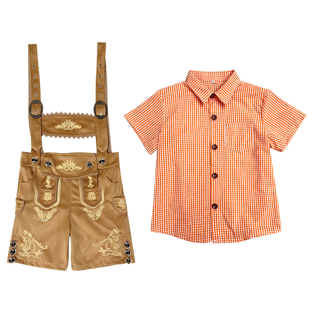 Unisex nan traditionelles Kinder Trachten-Set Lederhose mit Stickerei und kariertem Hemd R&B