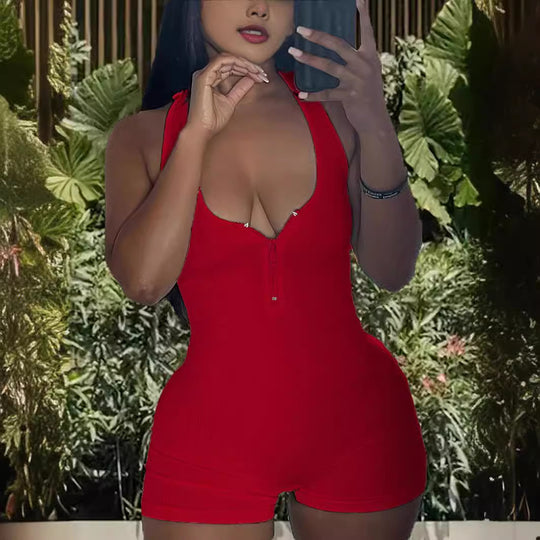 Damen Jumpsuit mit tiefem V-Ausschnitt und Reißverschluss R&B