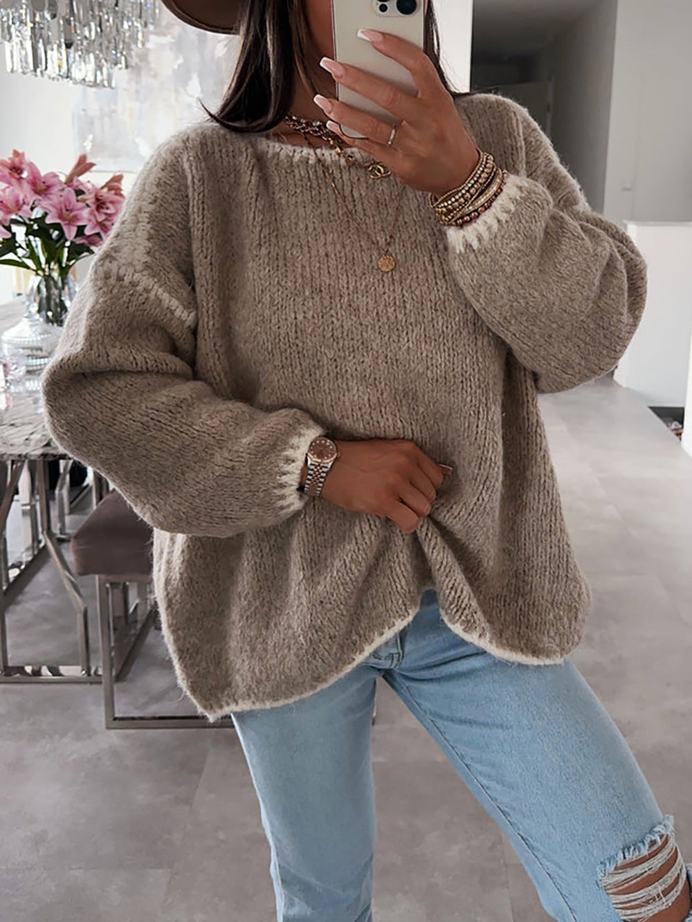 Damen Grobstrickpullover mit kontrastierendem Abschluss und lockerem Schnitt R&B