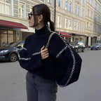 Damen nan Grobstrick-Oversize-Pullover mit hoher Rollkragenkante und Zierstich-Ärmeln R&B