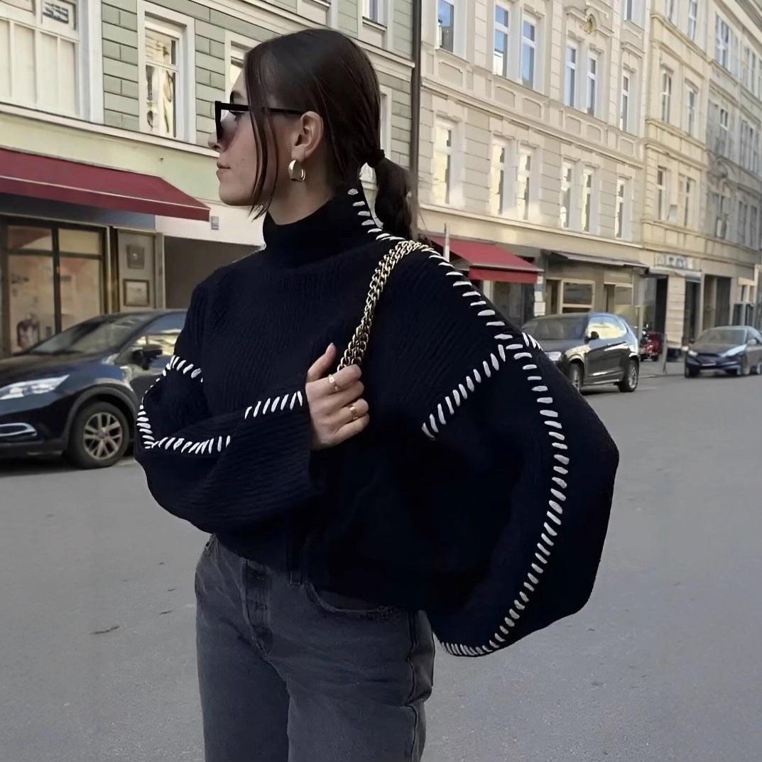 Damen nan Grobstrick-Oversize-Pullover mit hoher Rollkragenkante und Zierstich-Ärmeln R&B