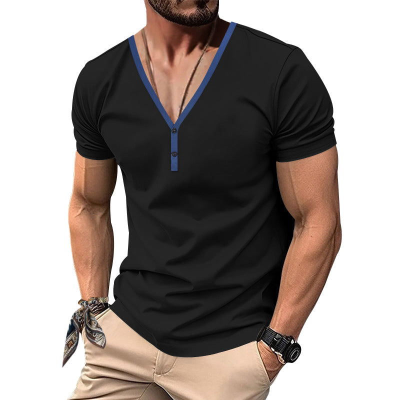 Herren Kurzarm Henley-T-Shirt mit V-Ausschnitt und Knopfdetail R&B