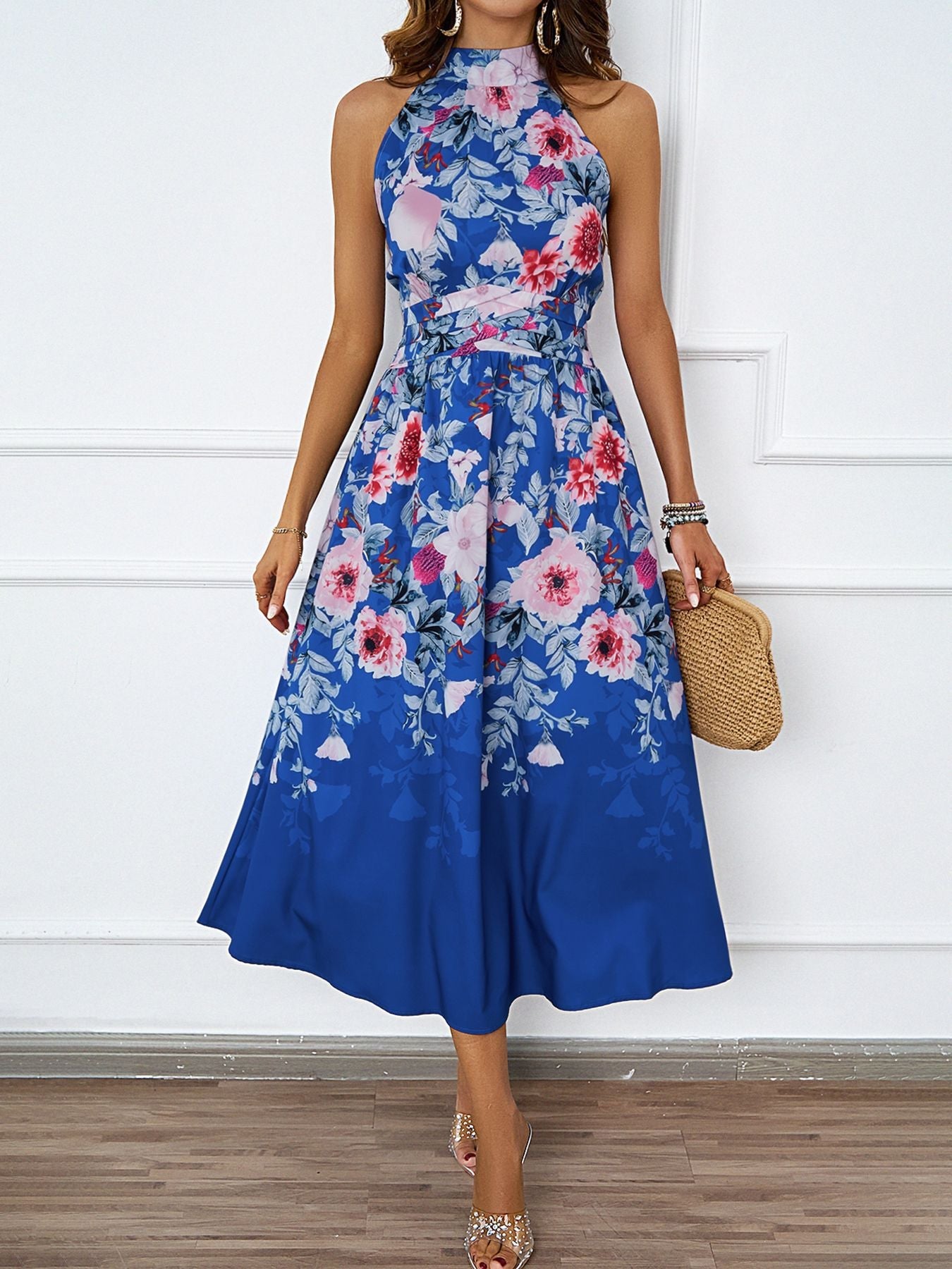 Damen Midi-Kleid mit floralem Muster und elegantem Halterneck R&B