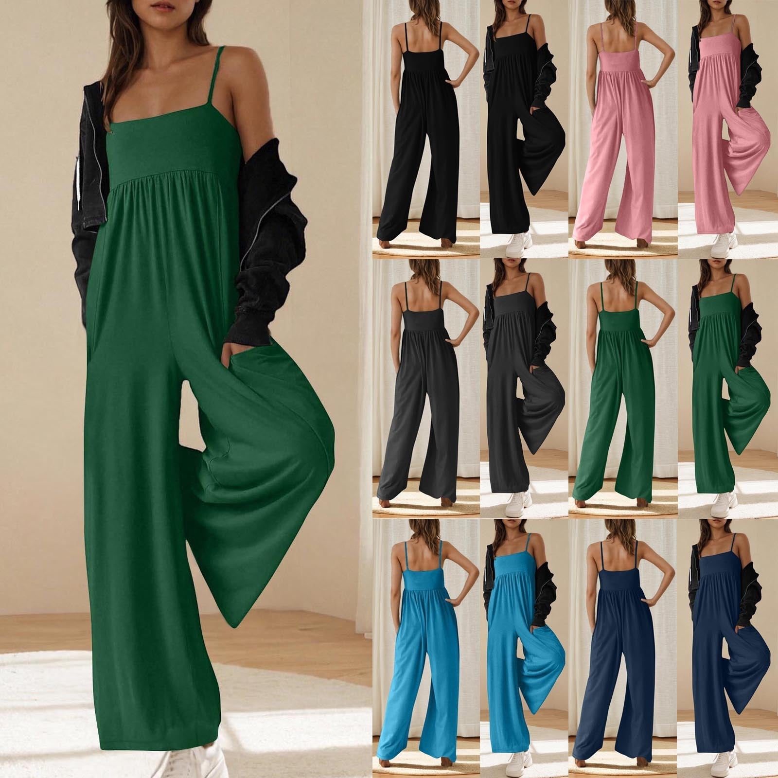 Damen lässiger Jumpsuit mit weitem Bein und schmalen Spaghetti-Trägern R&B