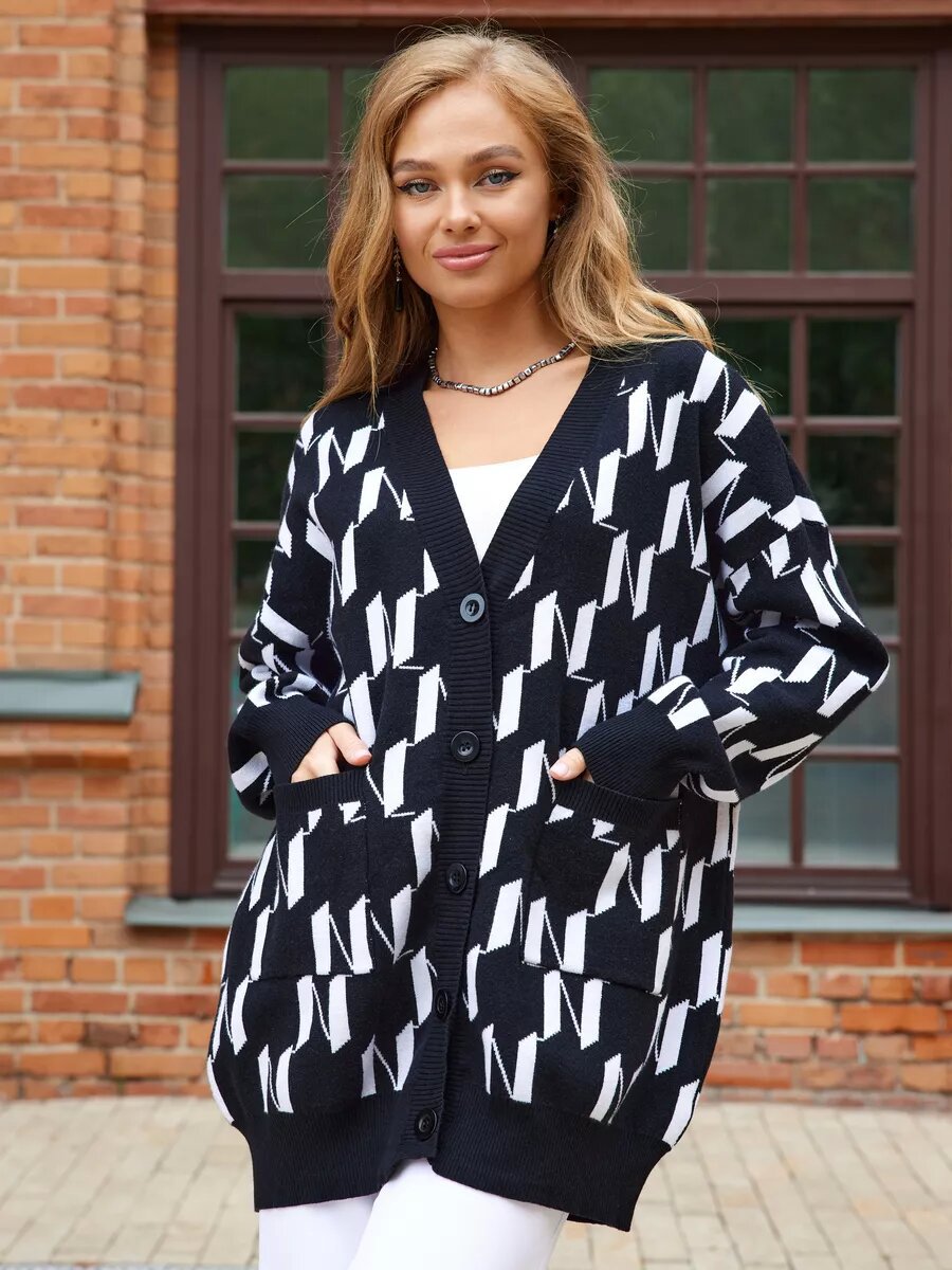 Damen Langärmliger Oversize-Cardigan mit trendy Mustern R&B