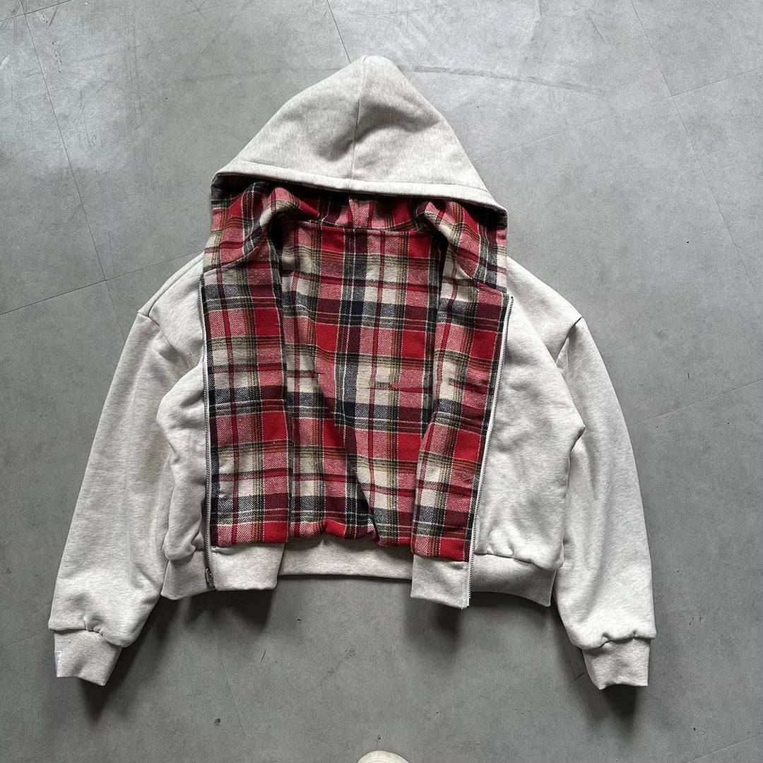 Unisex nan gefütterte Kapuzenjacke mit kariertem Flanellfutter und Reißverschluss R&B