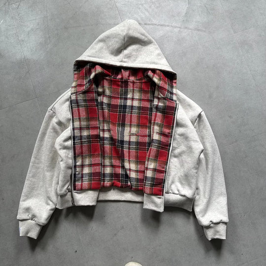 Unisex nan gefütterte Kapuzenjacke mit kariertem Flanellfutter und Reißverschluss R&B