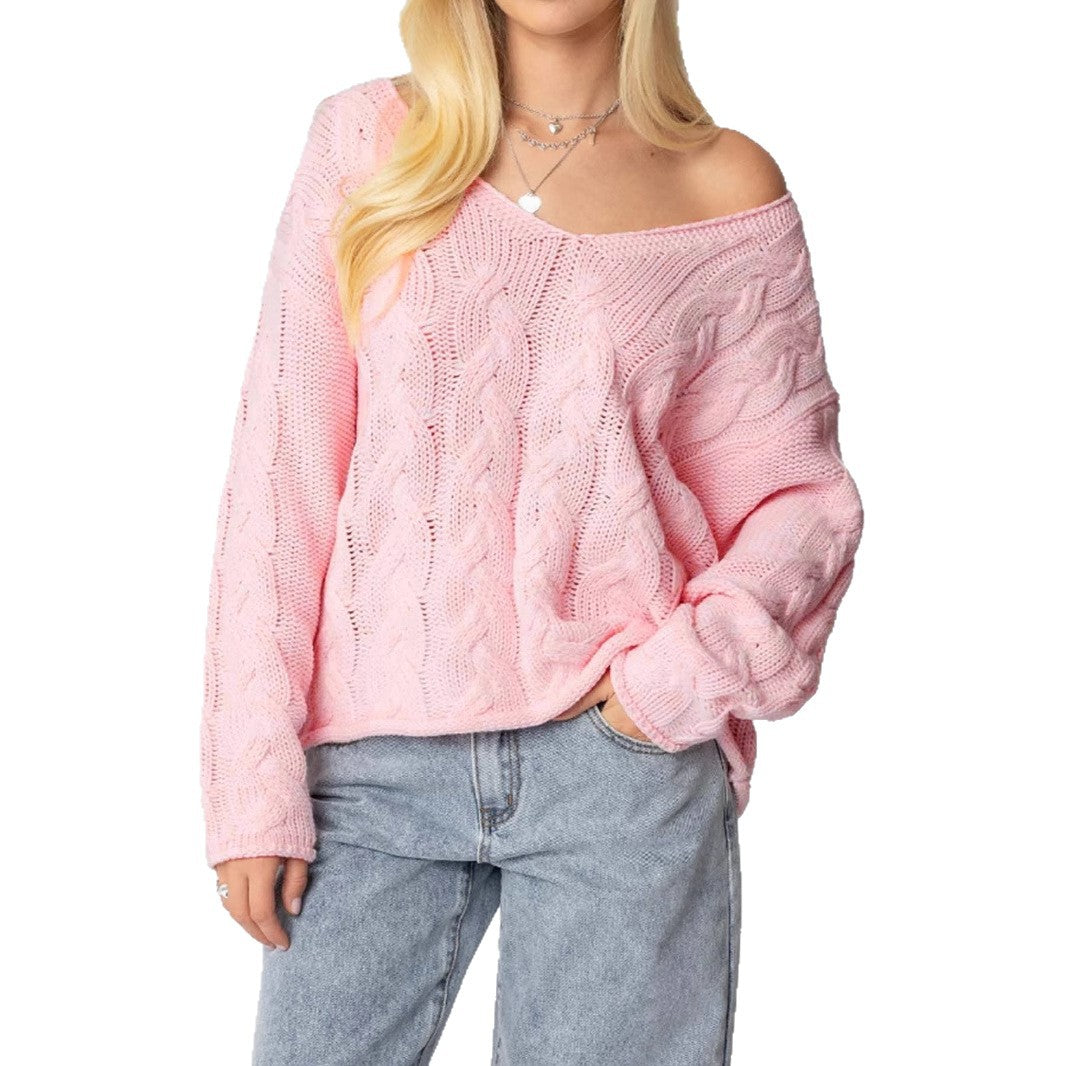 Damen Grobstrickpullover mit tiefem V-Ausschnitt und lässiger Silhouette