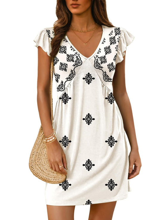 Damen luftiges sommerliches Kleid mit floralem Muster und V-Ausschnitt R&B