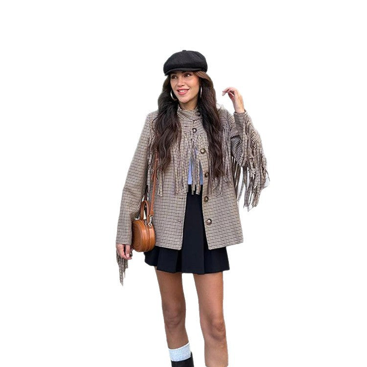 Damen Oversized Jacke mit Fransen und Karomuster R&B