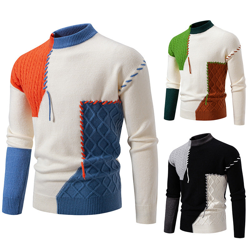 Herren modischer Strickpullover mit kreativen Zopf- und Farbblockdesign R&B