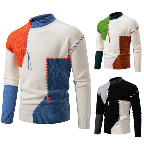 Herren modischer Strickpullover mit kreativen Zopf- und Farbblockdesign R&B