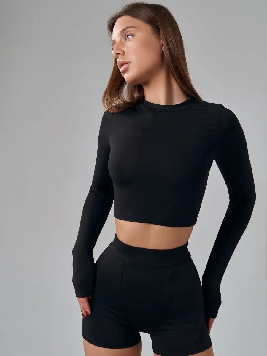 Damen sportliches Crop-Top mit langem Arm und Daumenlöchern R&B