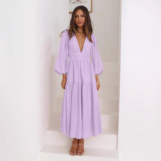 Damen Langarm Maxikleid mit tiefem V-Ausschnitt und weitem Rock R&B