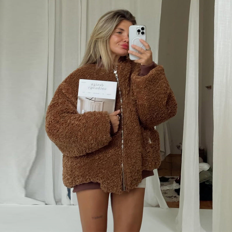 Damen gemütliche Teddyjacke mit hohem Kragen R&B