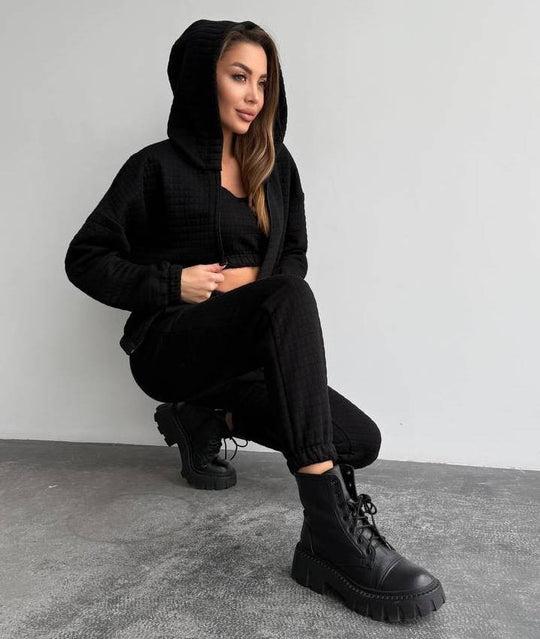 Damen stilvolles und bequemes Set aus gefüttertem Oberteil und Jogginghose R&B