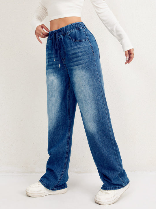 Damen weite Denim-Hose mit elastischem Bund und lässigem Schnitt R&B