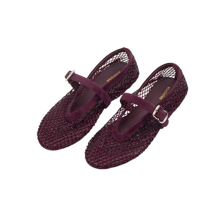 Damen elegante Ballerina-Schuhe mit dekorativem Riemchen und funkelnden Akzenten R&B