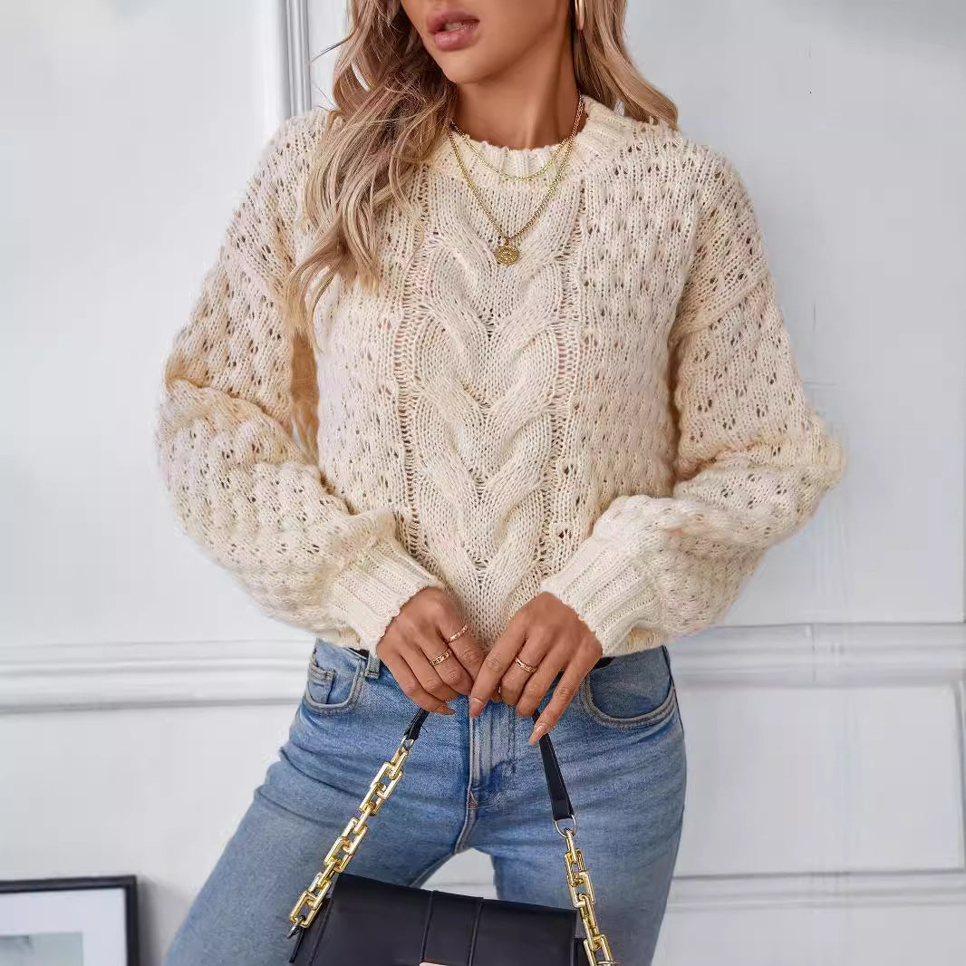 Damen gemütlicher Strickpullover mit strukturiertem Zopfmuster und lässigem Schnitt R&B