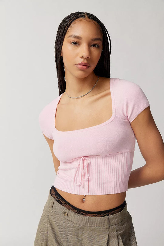 Damen Cropped Strickoberteil mit variabler Schnürung und tiefem Ausschnitt R&B