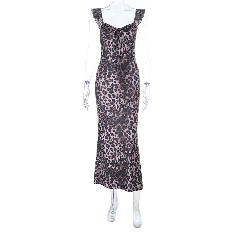 Damen Maxi-Kleid mit verführerischem Leopardenmuster und Rüschendetails R&B