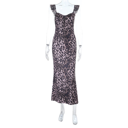 Damen Maxi-Kleid mit verführerischem Leopardenmuster und Rüschendetails R&B