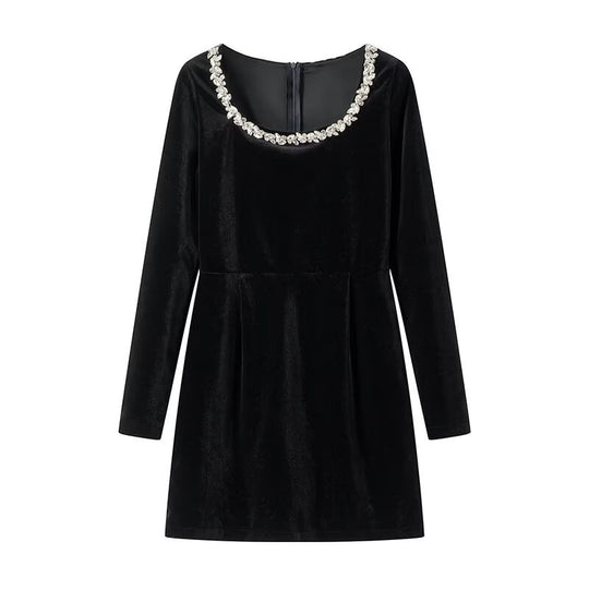 Damen festliches Mini-Kleid mit elegantem Kristall-Halsauschnitt R&B